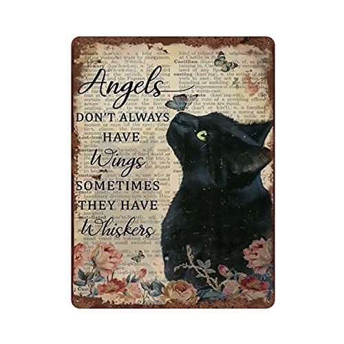 Angels Don’t Always Have Wings Sometimes They Have Whiskers Tin Sign Vintage Floral Black Cat Cat Lovers Gift Vintage Metal Sign Plaque Metal Man Cave Bar Pub Club Home Wall Decoration 16×12 Inch