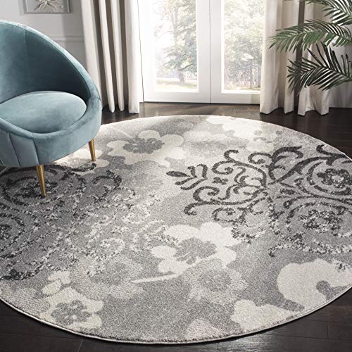 SAFAVIEH Adirondack Collection 5′ Round Silver/Ivory ADR114B Floral Glam Damask Distressed Non-Shedding Living Room Dining Bedroom Foyer Area Rug