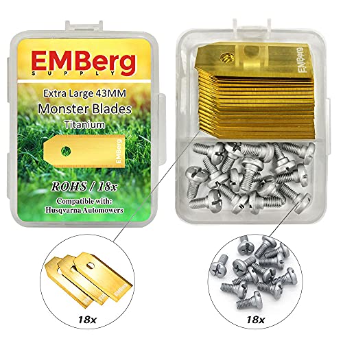 EMBerg Monster XL Blades (18 Pack) for Automower Models as Well as Gardena and McCulloch Robotic Lawnmowers. (Titanium)