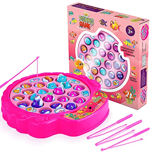 Fishing Game Play Set – 21 Fish, 4 Poles, & Rotating Board w/ On-Off Music – Family Children Backyard Pink Toy Games for Kids and Toddlers Age 3 4 5 6 7 Girls and Up