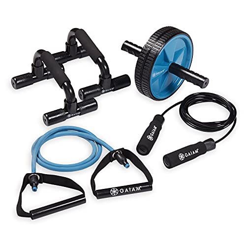 Gaiam Home Gym Kit Equipment Set for Men and Women – Includes Ab Wheel, Jump Rope, Push-Up Bars, Resistance Band with Handles, and Complimentary Exercise Guide – for Total Body Workout at Home