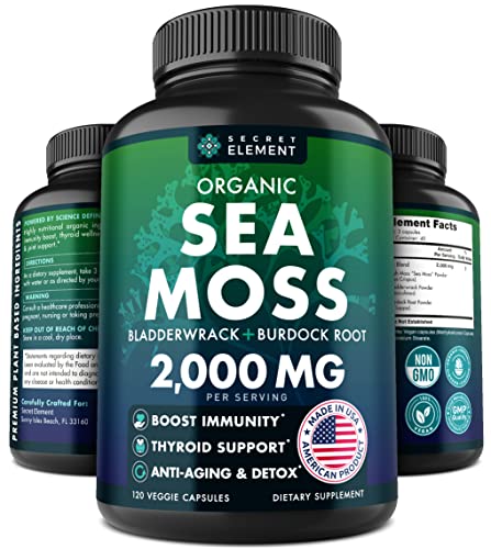 Organic Sea Moss Capsules – Burdock Root, Irish Moss and Bladderwrack Capsules – Immune System, Gut Cleanse & Thyroid Supplement – 120 Irish SeaMoss Pills with All-Natural Sea Moss Powder