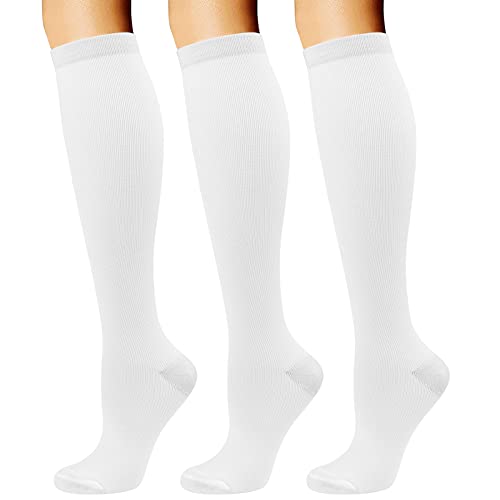 DRESHOW 3 Pairs Compression Socks for Women Men Circulation White Knee High Socks 15-20mmhg Athletic Running Cycling Leg Warmer