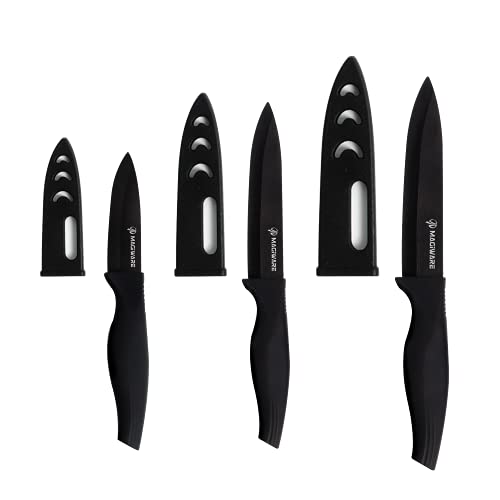Magiware 6-Piece Paring Knife Set with Sheaths-Ceramic Blade Sharp Rust Proof Stain Resistant (include 5inch Utility Knife, 4inch Fruit Knife,3inch Paring Knife)-Black (win0529)