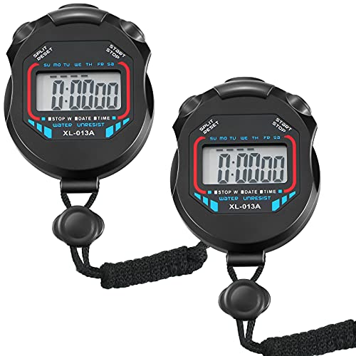 2 Pieces Digital Stopwatch Timers Sports Stopwatch Water Resistant Stopwatch Hand Held LCD Chronograph with Date, Time and Alarm Function for Sports Fitness Trainers and Referees Use