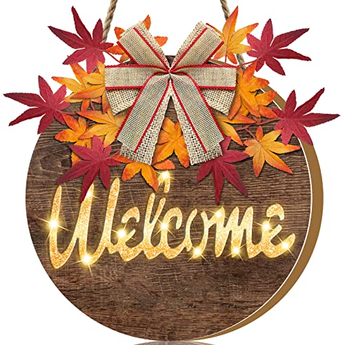 TURNMEON Lighted Thanksgiving Wreath Welcome Sign for Front Door, Fall Decor Wreath for Home Battery Operated Maple Leaves Rustic Round Wooden Sign Harvest Autumn Fall Indoor Outdoor Wall Decorations