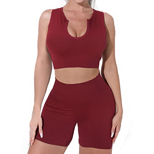 Reerneey 2 Piece Matching Workout Sets for Women Seamless Ribbed Crop Tank High Waist Yoga Gym Shorts Outfits