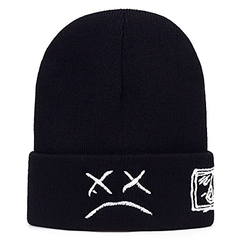 Lil Peep Beanie Hat for Men Women with Sad Face Cuffed Plain Skull Knit Cap，Black Knit Cap，Black