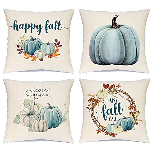 Farmhouse Fall Throw Pillow Covers 18×18 Set of 4, Autumn Pumpkin Decorative Pillow Covers, Thanksgiving Pillows Cases Harvest Cushion Cases for Couch Sofa, Outdoor Home Decor