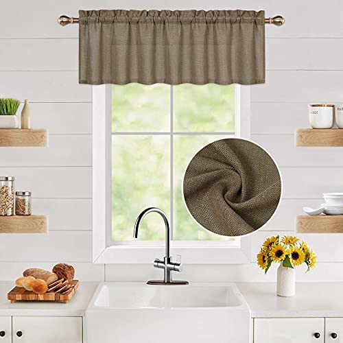 CAROMIO Valances for Kitchen Windows, Linen Blend Burlap Look Farmhouse Kitchen Curtains Valances for Bathroom Living Room, Brown, 52×15 Inch
