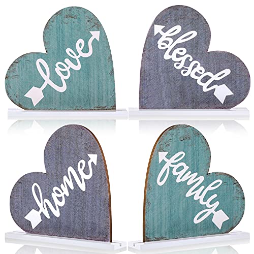 4 Pieces Wooden Table Decorations Wood Family Love Blessed Sign Heart-Shaped Table Centerpiece Freestanding Home Tabletop Decor Rustic Wood Home Sign for Holiday Home Party Office Shelf Mantel Decor