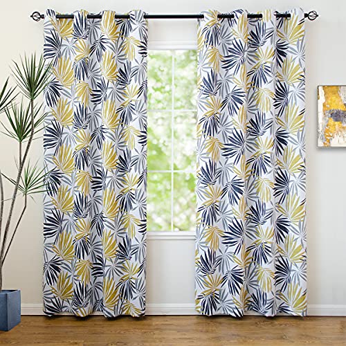 Linentalks Mustard Leaf Curtains for Bedroom, Gray and Yellow Patterned Blackout Curtains 84 Inch Length 2 Panels Set, Light Blocking Room Darkening Curtains Grommet Thermal Insulating Curtain Drapes