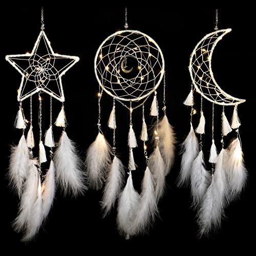 Jetec 3 Pieces LED Dream Handmade Chain Catcher Bohemian New Moon Sun Stylish Home Decor for Wall Hanging Home Decoration