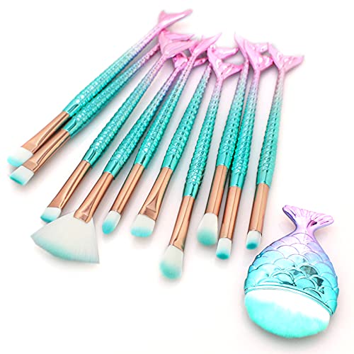 11Pcs Cute Makeup Brushes Set for Girl, Foundation Eyebrow Eyeliner Blush Cosmetic Concealer Brushes Women Girl Cute Make Up Tool Set (Colorful Fish Tail Handle)