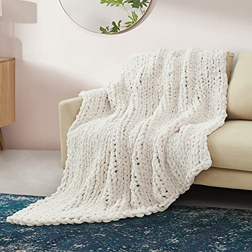 Sunyrisy Chunky Knit Throw Blanket, Luxury Soft Cozy Chenille Throw Blanket, Large Throw Bed Blanket for Couch, Sofa, Home Decor,Gift – Machine Washable (Beige 40×48 in)