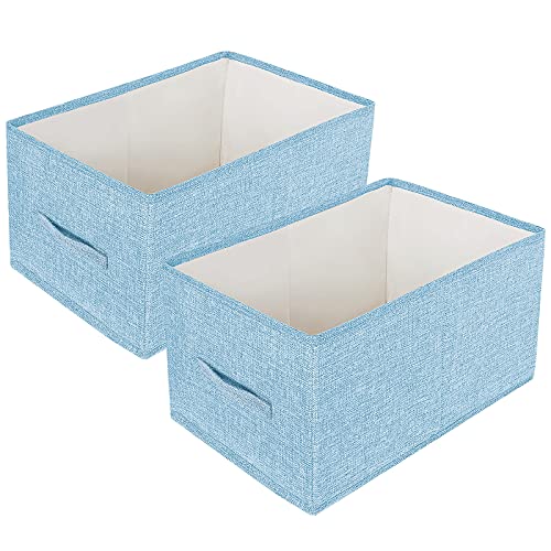Valease 2-Pack Large Linen Fabric Storage Bin for Shelves(No Lid)，Washable Storage Box Containers Baskets Cube with Handles for Bedroom,Closet Organizer,Office,Living Room,Nursery (Blue, Large)
