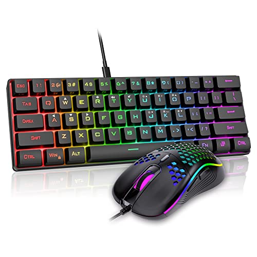 RedThunder 60% Gaming Keyboard and Mouse Combo, Ultra-Compact 61 Keys RGB Backlit Mini Keyboard, Lightweight 7200 DPI Honeycomb Optical Mouse, RGB Wired Gaming Set for PC MAC PS5 Xbox Gamer(Black)