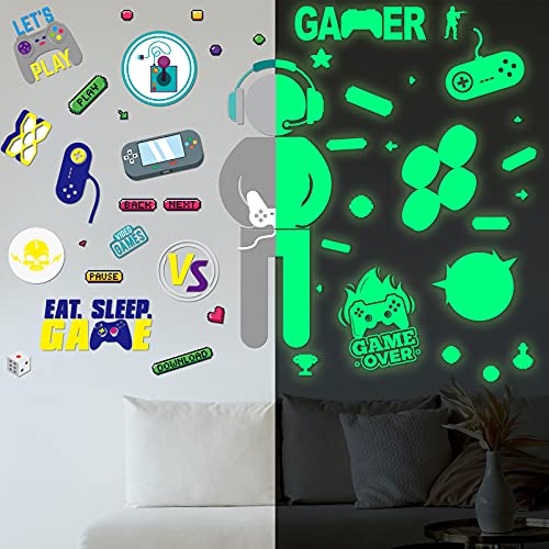 4 Sheets Gamer Wall Sticker Glow in The Dark Gamer Wall Decals Boy Children Video Game Room Decor Gaming Controller Wall Stickers Removable Wall Art for Kids Men Playroom Living Room