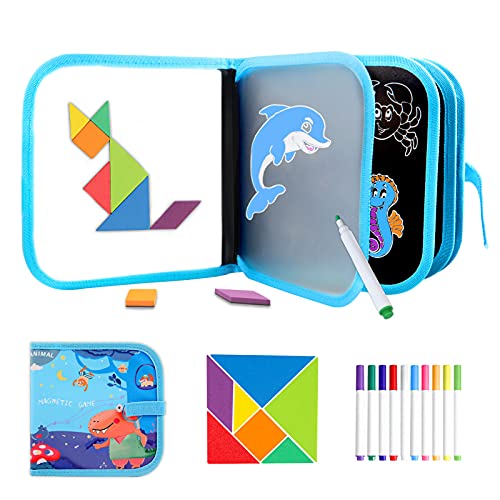 Svance 2023 Upgraded Kids Erasable Doodle Book with Tangram Puzzle Game, Toddler Car Activities Reusable Drawing Boards with Color Markers and Magnetic Pattern Blocks Travel Toys for Boy Girl 3-8