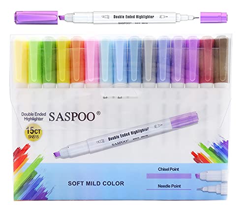 COLNK SASPOO Double Ended Highlighter,Chisel and Needle Point,Assorted Colors for Journaling Planner School Supplies,15 Counts