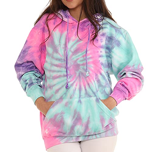 Pure Essence Tie Dye Long Sleeve Pullover Hoodie for Men and Women, Fleece Hooded Sweatshirt with Front Pocket and Drawstring, Pink Jelly, X-Large