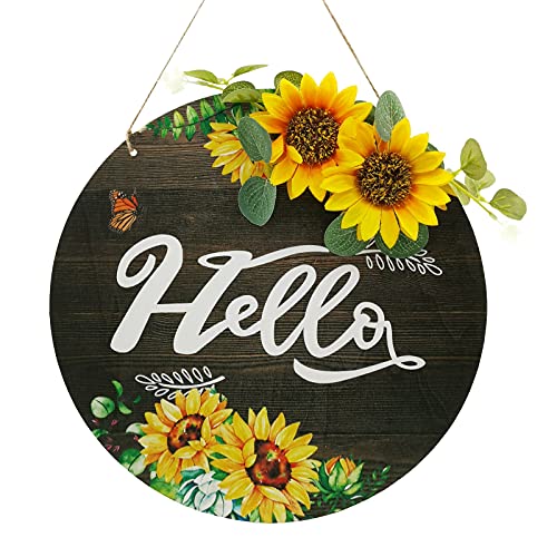 Autonomier Hello Welcome Wood Wall Hanging Sign, Colourful Sunflower Wooden Front Door Decor, Round Antique Wood Rustic Porch Decoration for Home Office Garden Farmhouse, 12 x 12 Inch（Brown）