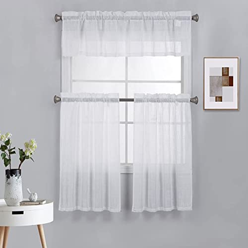 Diamond Home Linens 3 Piece Linen Semi Sheer Kitchen Window Curtain Tiers and Valance Set 36″ Long, White.