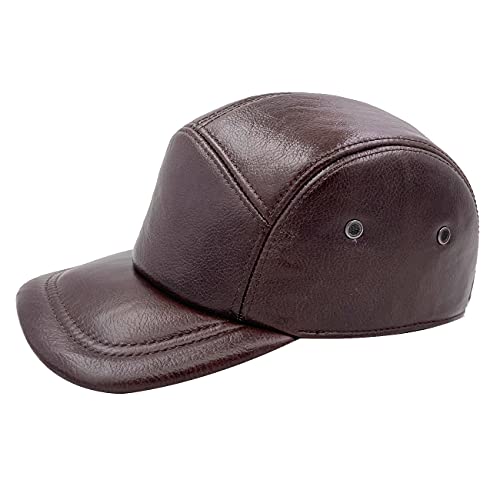 Yosang Cowhide Leather 5 Panel Camp Adjustable Flat Brim Earflap Baseball Cap Hat Brown