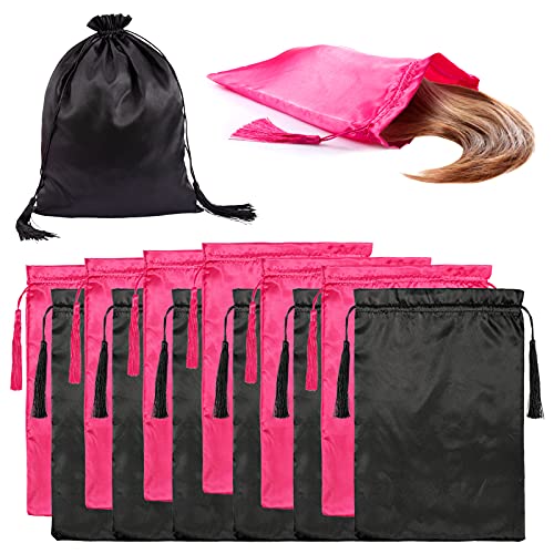 12 Pcs 16” x 12” Silky Satin Wig Bags- Soft Wig Tool Storage Pouches with Drawstring Tassel Packaging Hair Extensions & Wigs & Bundles Portable Gift Container for Home Salon Travel Use (Rose Red & Black)