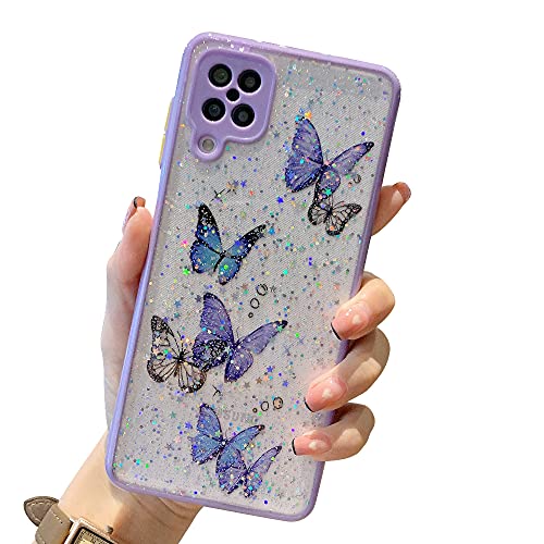 SUYACS Samsung Galaxy A12 Case Cute Pretty Butterfly Glitter Bling Trendy Clear Cover for Women Girls Soft Silicone TPU Shockproof Protective Bumper for Samsung Galaxy A12 5G 6.5 Inch(Purple)