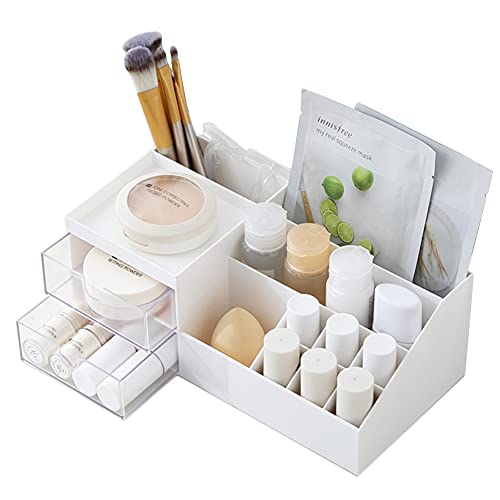Kayviex Makeup Desk Organizer, DIY Makeup Storage Box with Drawers for Cosmetics, Skincare, Lipsticks, Jewelry, Ideal for Bedroom and Bathroom Countertop, Pure White