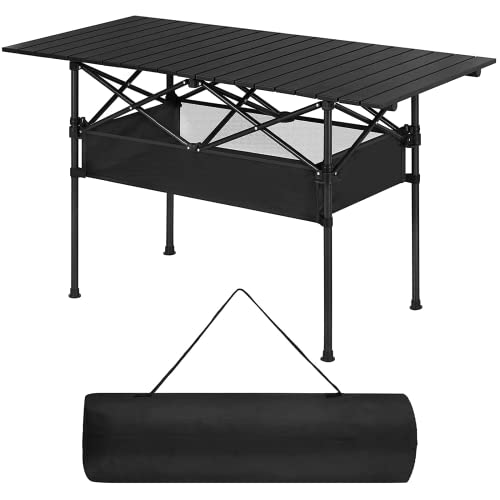 Vrisa Camping Table with Storage Outdoor Cooking Table Folding Table for Parties Bar Height Portable Camping Table with Mesh Basket & Carrying Bag for Camping Kitchen Picnic BBQ Party