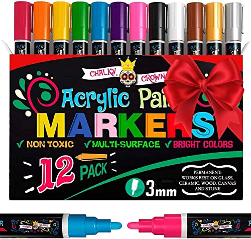 CHALKY CROWN – 3mm Acrylic Paint Markers, Acrylic Paint Pens for Rock Painting, Stone, Ceramic, Glass, Wood – Paint Pens and Acrylic Markers, Acrylic Paint Pen, Paint Marker, Rock Paint – 12 Pack