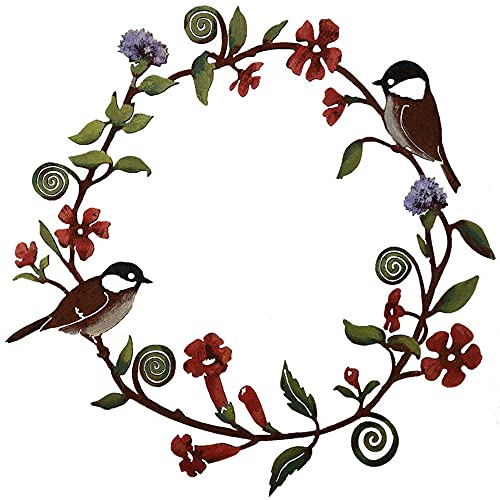 ChuangST Chickadees & Flowers Wreath Wall Art – Hand Painted,Home and Garden Hanging Metal Birds with Flowers,Wreath Artwork for Window,Garden, Yard, Outdoor Farmhouse Decor Porch Decoration