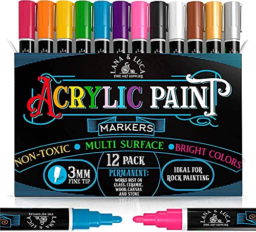 LANA & LUCA Acrylic Paint Markers Reversible Tips, Acrylic Paint Pens for Rock Painting, Stone, Ceramic, Glass, Wood, Acrylic Paint Pen, Paint Marker – Lana & Luca (12 Pack, 3mm), Multicolor
