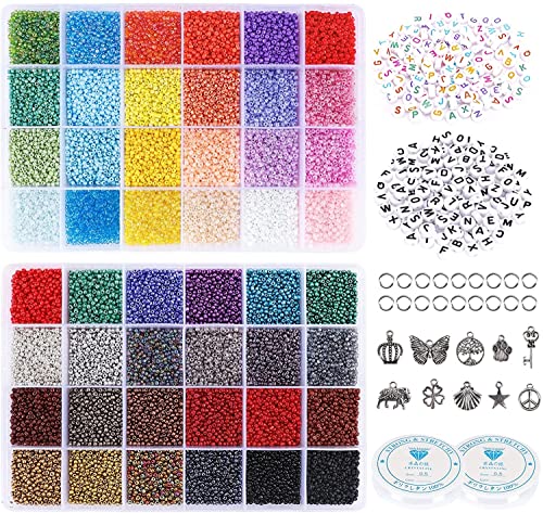 38260pcs 2mm 48 Colors Glass Seed Beads for Jewelry Making Kit, 12/0 Small Beads Craft Set for Bracelets Necklace Ring Making DIY with 260pcs Alphabet Beads Elastic String Cord Charms Pendants, Quefe