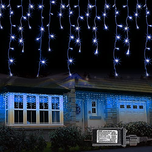 FUNPENY Icicle Lights, 360 LED Icicle Snow Falling Christmas Lights Outdoor Raindrop Lights, Xmas Wedding Party Tree Holiday Decorations (Blue)