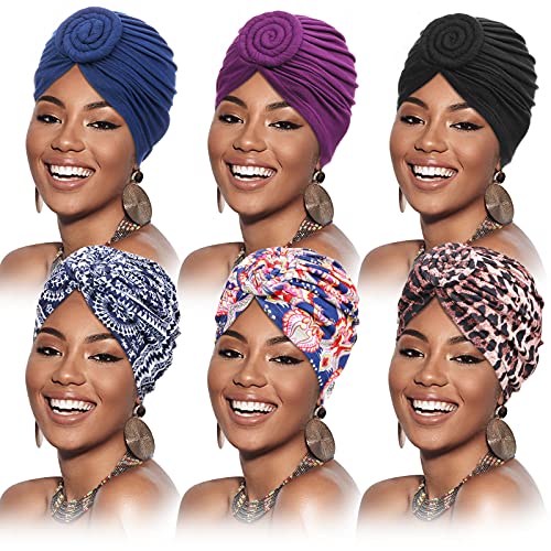 SATINIOR 6 Pieces Women African Turban Flower Knot Pre-Tied Bonnet Beanie Cap Headwrap (Elegant Patterns) Multicoloured