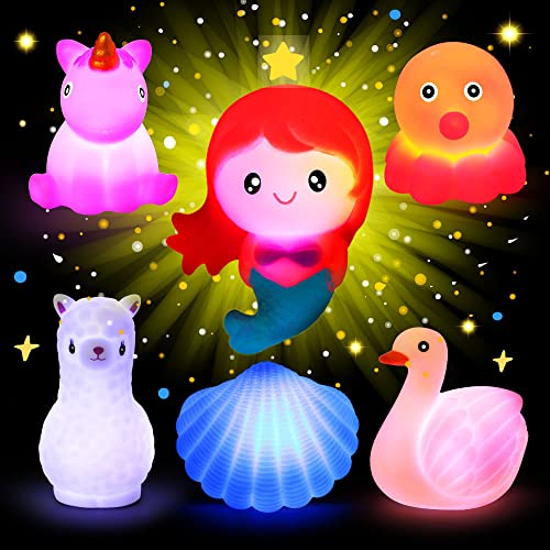 Bath Toys for Toddlers 1-3, No Hole Cute Light Up Bathtub Toys Floating Rubber Sea Animal Set with Flashing Colorful LED Light Unicorn Mermaid for Bathroom Shower Swimming Pool Party for Baby Girl Boy