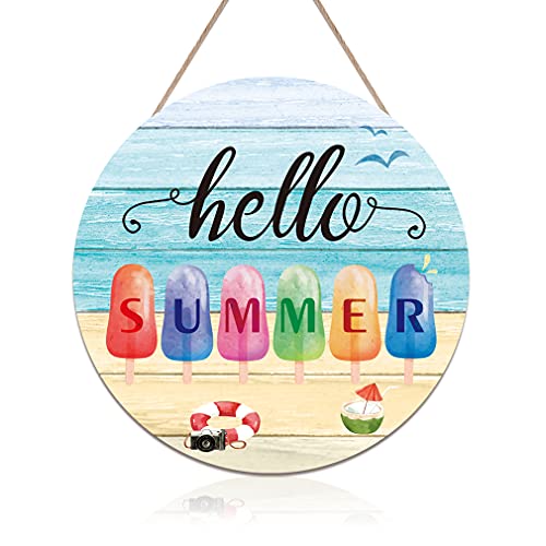 Hello Summer Rustic Wood Home Sign Plaque, Summer Beach Themed Wooden Door Hanger (12”x12”), Round Summer Ice Cream Porch Decor for Home Garden Farmhouse Yard
