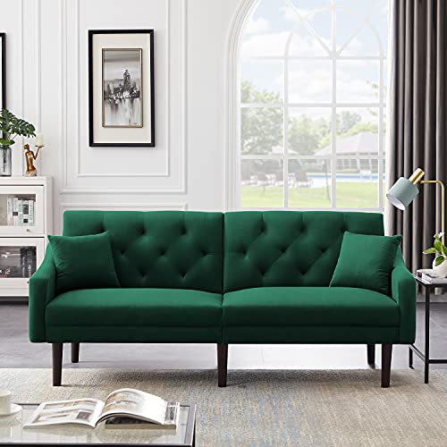 Velvet Futon Sofa Bed with 2 Pillows, Modern Sleeper Sofa with 3 Inclined Angles, Living Room Couch with 6 Solid Wood Legs, Convertible Loveseat for Small Space, Green