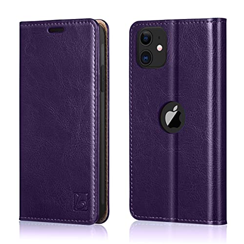 Belemay iPhone 11 Wallet Case, iPhone 11 Case, [Genuine Cowhide Leather] Flip Cover [RFID Blocking] Card Holder [Soft TPU Shell] Book Folio Folding Case, Kickstand Function (2019 6.1 inch) Purple