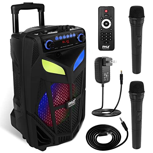 Pyle Portable Bluetooth PA Speaker System-600W 10” Indoor/Outdoor BT Speaker-Includes 2 Wireless Microphones, Party Lights, USB SD Card Reader, FM Radio, Rolling Wheels-Remote Control PPHP101WMB