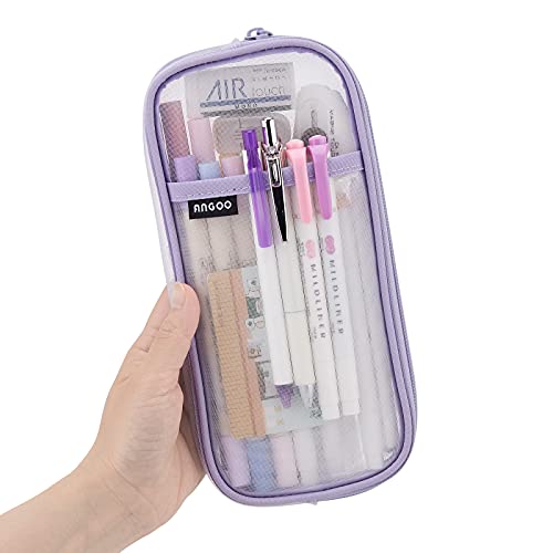 EASTHILL Grid Mesh Pen Pencil Case with Zipper Clear Makeup Color Pouch Cosmetics Bag Multi-Purpose Travel School Teen Girls Transparent Stationary Bag Office Organizer Box for Adluts(Purple)