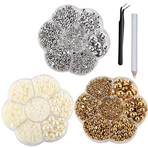 9437Pcs ABS Half Round Pearls Flatback Pearl Beads with Self Adhesive Resin Rhinestone Picker Pencil for DIY Phone Nail Face Art, Mixed Sizes 2/3/4/5/6/8/10 mm