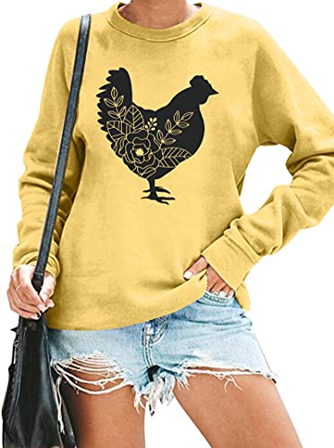 FASHGL Farm Sweatshirt Women Floral Chicken Pullover Funny Cute Graphic Tee Holiday Casual Tops Lightweight Blouse (Yellow, XXL)