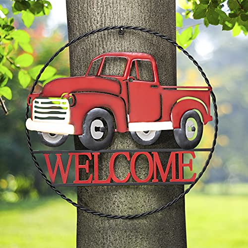 glitzhome 23.75″ L Welcome Metal Rustic Red Truck Wall Decor, Welcome Hanging Sign Decoration for Home Outdoor Indoor