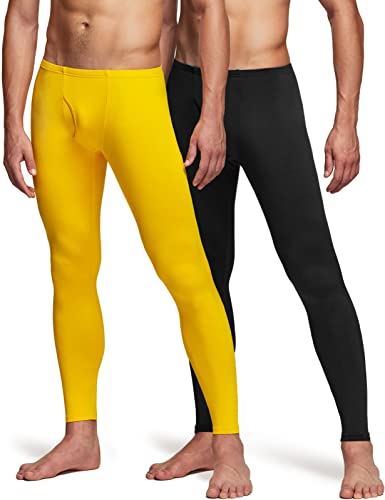 TSLA Men’s Thermal Underwear Pants, Heated Warm Fleece Lined Long Johns Leggings, Winter Base Layer Bottoms, Thermal Fly-Front 2pack Black/Yellow, Large