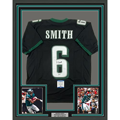 Framed Autographed/Signed Devonta Smith 33×42 Philadelphia Black Football Jersey Beckett BAS COA