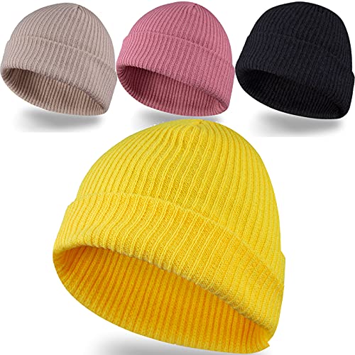 LAKIBOLE 4 Pack Beanies Winter Hats Warm Knitted Caps for Men & Women (Black/Yello/Dark Pink/Dark Beige)